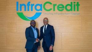 Chinua Azubike, CEO InfraCredit (right) and Daniel Komolafe, CEO First Electric during a visit to InfraCredit office in Lagos.