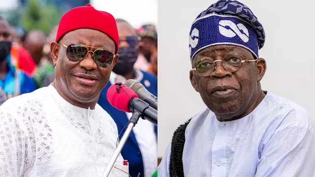 Composite image of Nyesom Wike (left) and President Bola Tinubu (right)