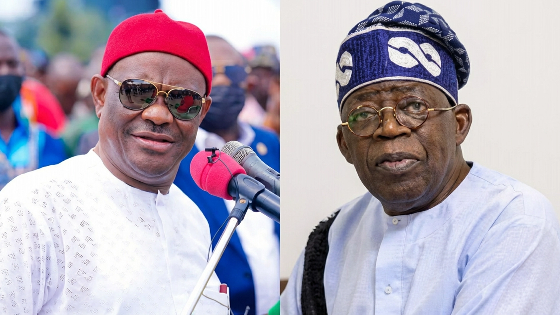 Composite image of Nyesom Wike (left) and President Bola Tinubu (right)
