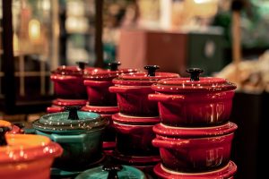 Small Dutch stoves in a shop window, miniature crockery.