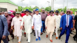 Federal Commissioner of the Revenue Mobilisation, Allocation and Fiscal Commission (RMAFC) and Coordinator of the Renewed Hope Ambassadors in Rivers State, Desmond Akawor (left); Senator representing Rivers South-East, Barinada Mpigi; FCT Minister, Nyesom Wike, and APC National Vice Chairman (South South), Victor Giadom, during Wike’s Thank You Visit to Tai Local Council in Rivers State on Wednesday.
