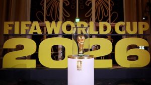 Image of the FIFA World Cup trophy on display during the draws for the tournament.