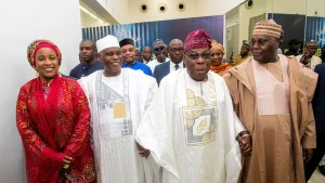 Former President Olusegun Obasanjo and former Vice President Atiku Abubakar at a colloquium in honour of former Speaker of the House of Representatives, Aminu Waziri Tambuwal