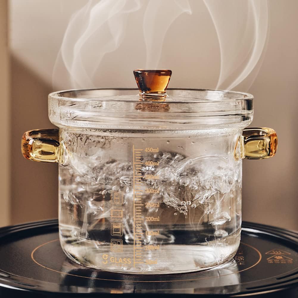 lass cooking pot allowing visibility of food while cooking.