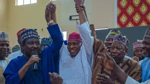 Governor, Abba Yusuf  and former Governor of Kano State, Abdullahi Ganduje during the governor’s official announcement of his defection to All Progressives Congress (APC)  in Kano State