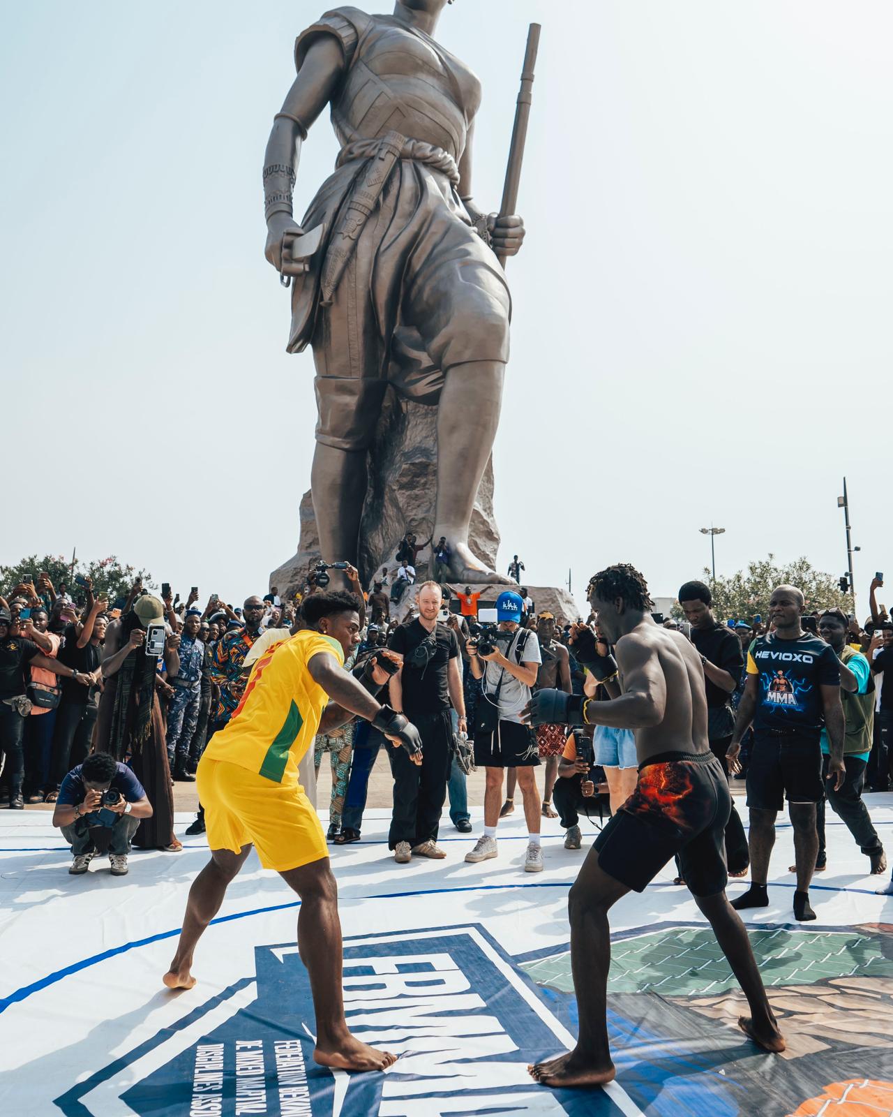 IShowSpeed takes part in a public sparring session as a large crowd gathers in Accra, Ghana during his Africa tour.