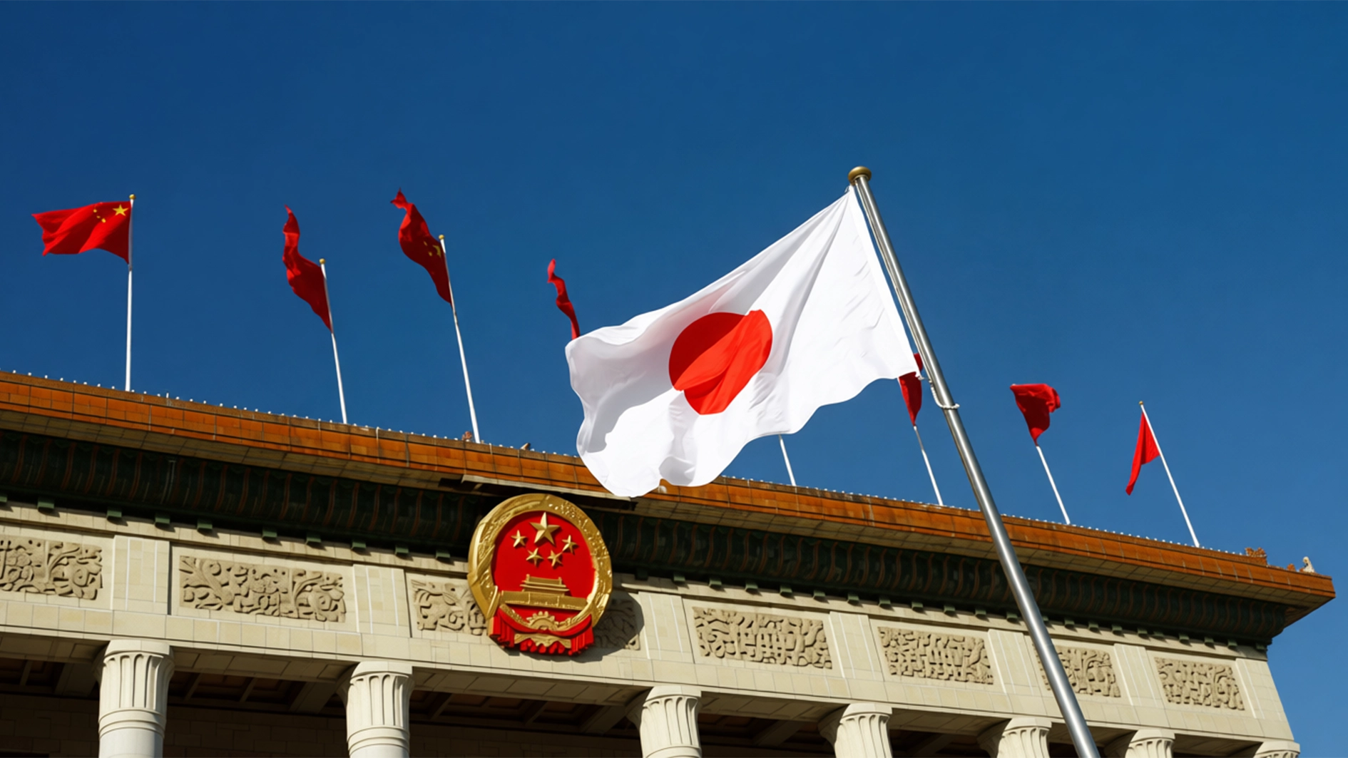 Japan’s flag flutters outside the Great Hall of the People before a welcome ceremony for Japanese Prime Minister Shinzo Abe in Beijing