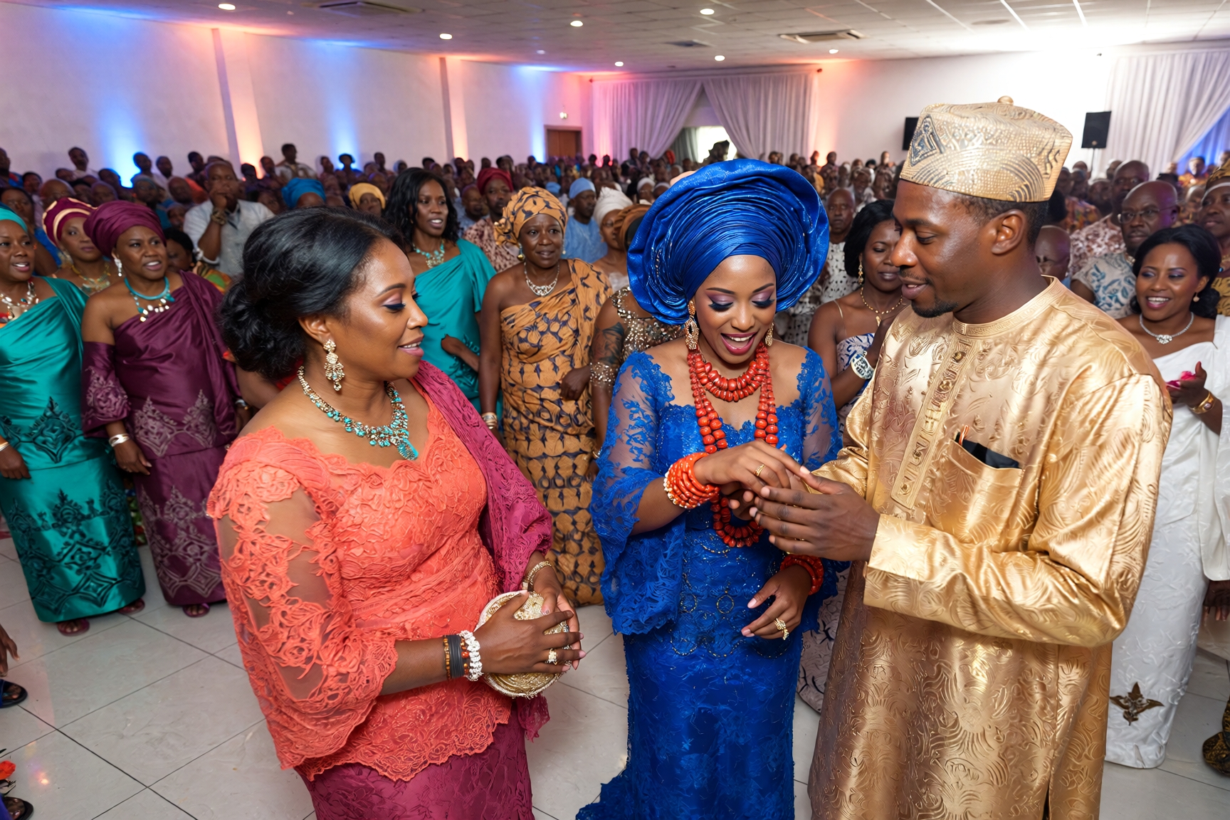 A Nigerian wedding celebration with plenty off people, the bride and the groom look happy