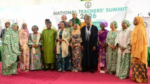 Minister of Education, Dr Maruf Olatunji Alausa (4th left), wife of the President, Mrs Oluremi Tinubu and Borno State Governor, Prof. Babagana Umara Zulum (7th left), representing the Chairman of Nigeria Governors’ Forum (NGF), and other stakeholders at the National Teachers’ Summit held at the Presidential Villa, Abuja.