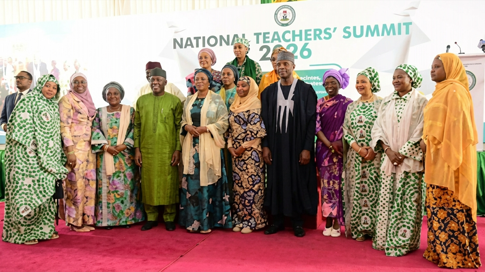 Minister of Education, Dr Maruf Olatunji Alausa (4th left), wife of the President, Mrs Oluremi Tinubu and Borno State Governor, Prof. Babagana Umara Zulum (7th left), representing the Chairman of Nigeria Governors’ Forum (NGF), and other stakeholders at the National Teachers’ Summit held at the Presidential Villa, Abuja.
