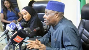 Minister of Education, Dr Tunji Alausa (right), and Minister of State for Education, Prof. Suwaiba Ahmad, during a news conference on the ongoing negotiations between the Federal Government and the Academic Staff Union of Universities (ASUU) in Abuja. PHOTO: NAN