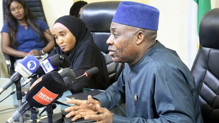 Minister of Education, Dr Tunji Alausa (right), and Minister of State for Education, Prof. Suwaiba Ahmad, during a news conference on the ongoing negotiations between the Federal Government and the Academic Staff Union of Universities (ASUU) in Abuja. PHOTO: NAN