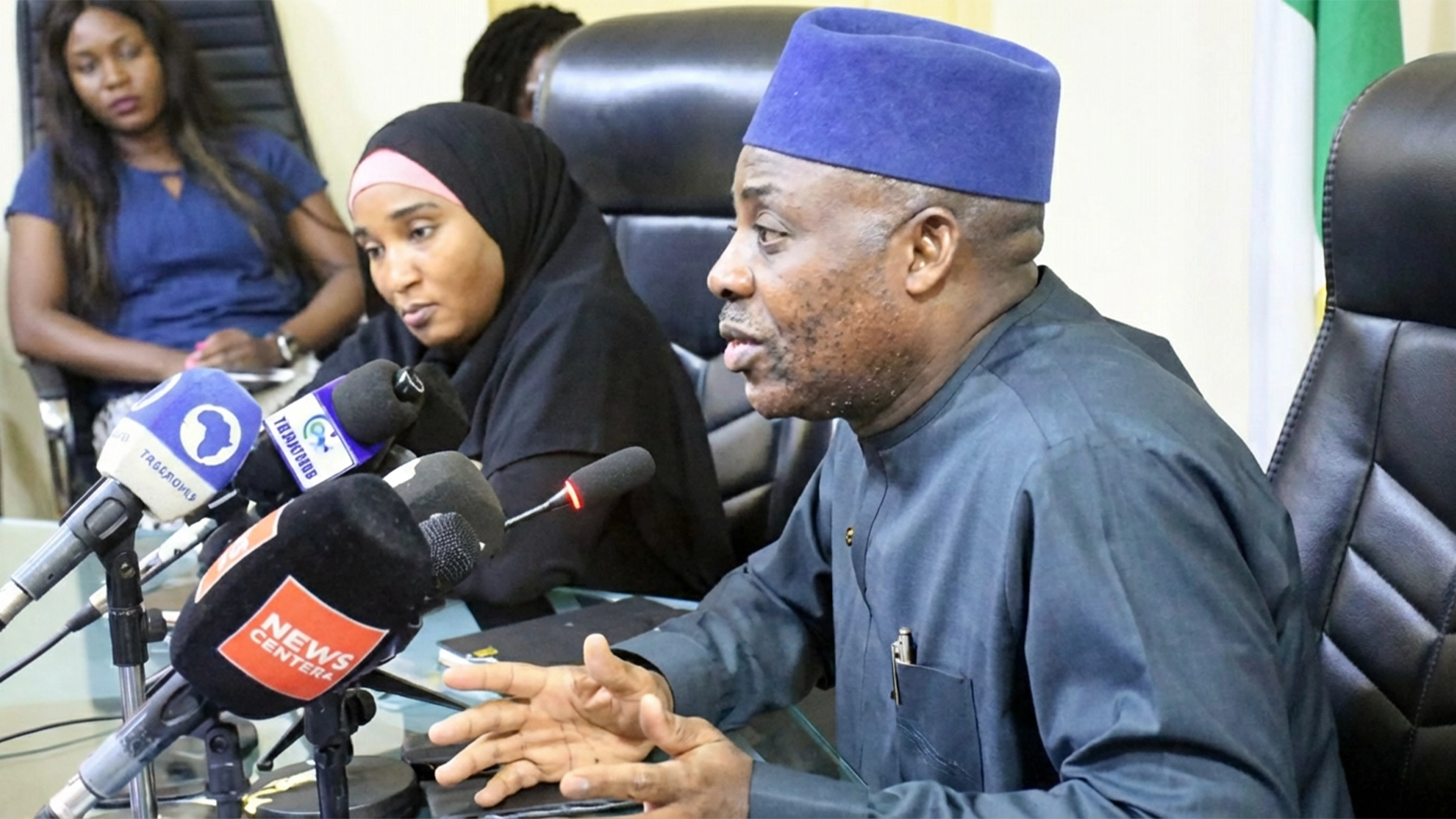 Minister of Education, Dr Tunji Alausa (right), and Minister of State for Education, Prof. Suwaiba Ahmad, during a news conference on the ongoing negotiations between the Federal Government and the Academic Staff Union of Universities (ASUU) in Abuja. PHOTO: NAN