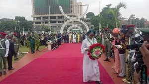 Mrs Amodu during the wreath laying ceremony yesterday.