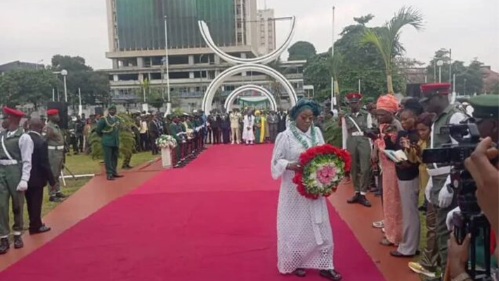 Mrs Amodu during the wreath laying ceremony yesterday.