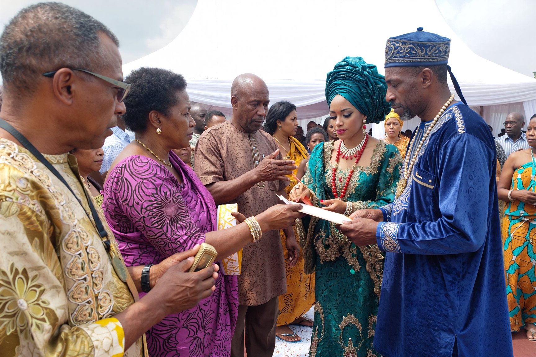 Nigerian couple interacting with the parents of the bride