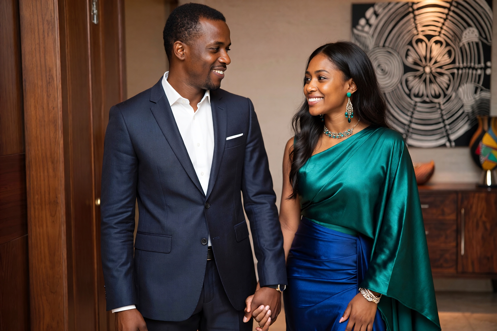 A married Nigerian couple looking at each other happily