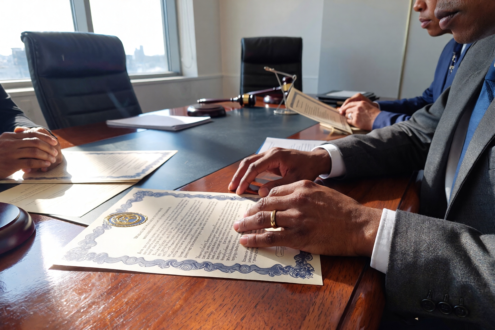 A Nigerian man with his lawyers setting up divorce papers