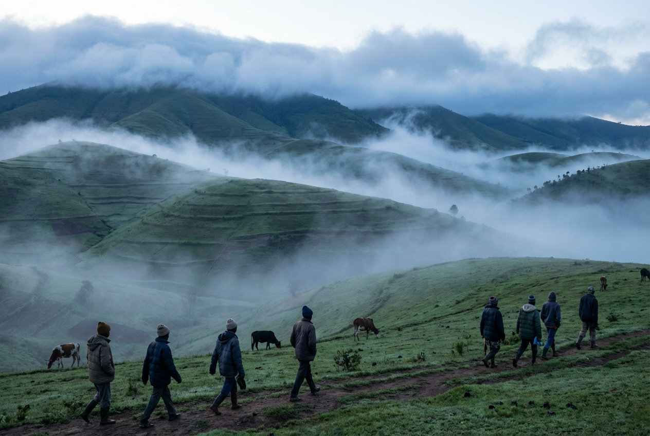 A group of Nigerians walking in the cold climate of Plateau State