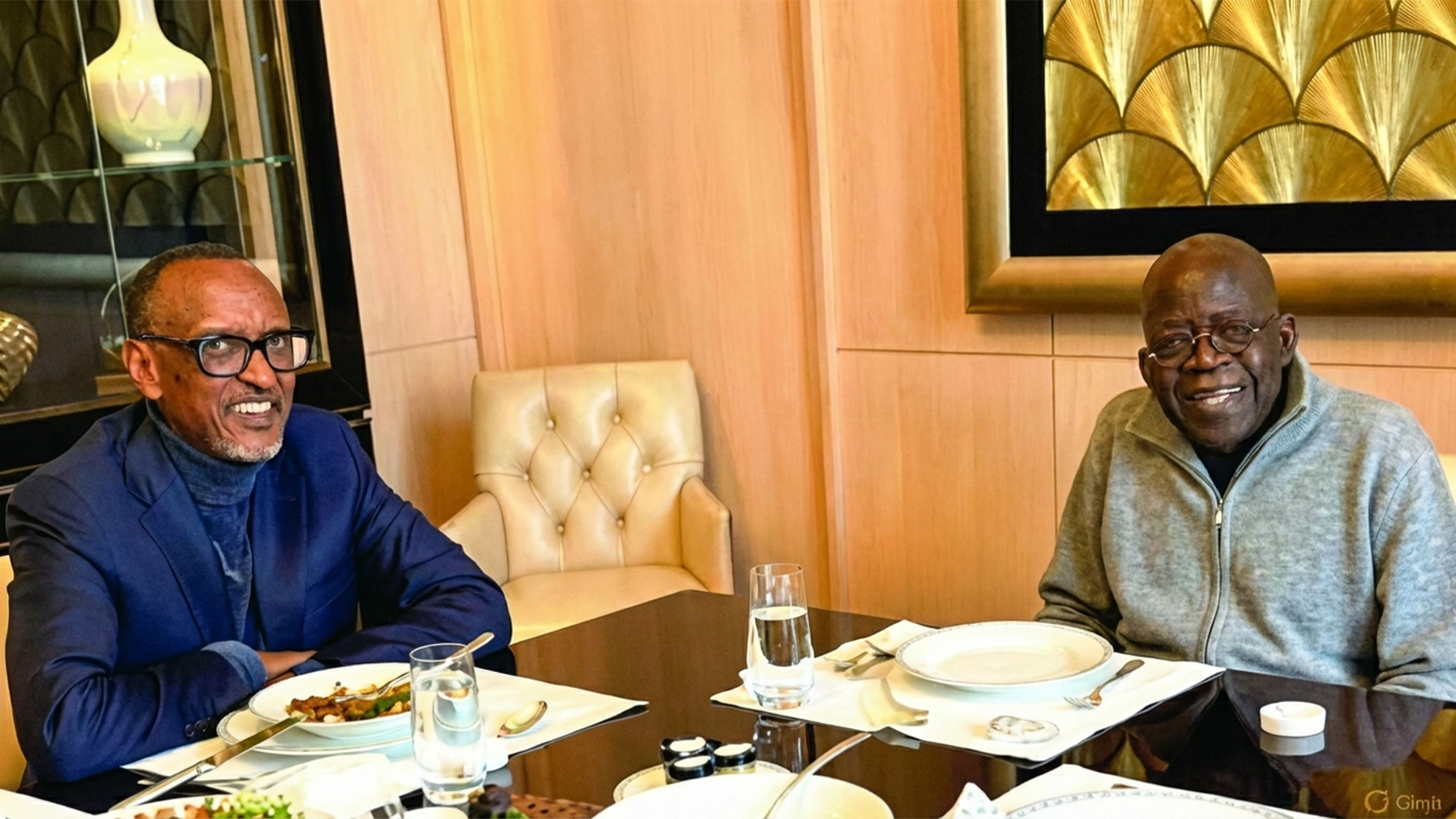 President Bola Tinubu (right) and his Rwandan counterpart, Paul Kagame, during their private lunch meeting in Paris, France, yesterday.