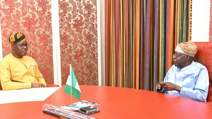 President Bola Tinubu (right), with Oyo State Governor, Seyi Makinde, at the Presidential Villa, Abuja, yesterday.
