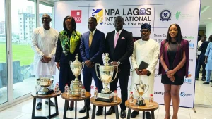 President Lagos Polo Club, Adeyemo Alakija (third right), Tournament Manager, Usman Dantata Jnr (second right) and other officials during the unveiling of the 2026 NPA GTCO Lagos International Polo Tournament on Tuesday