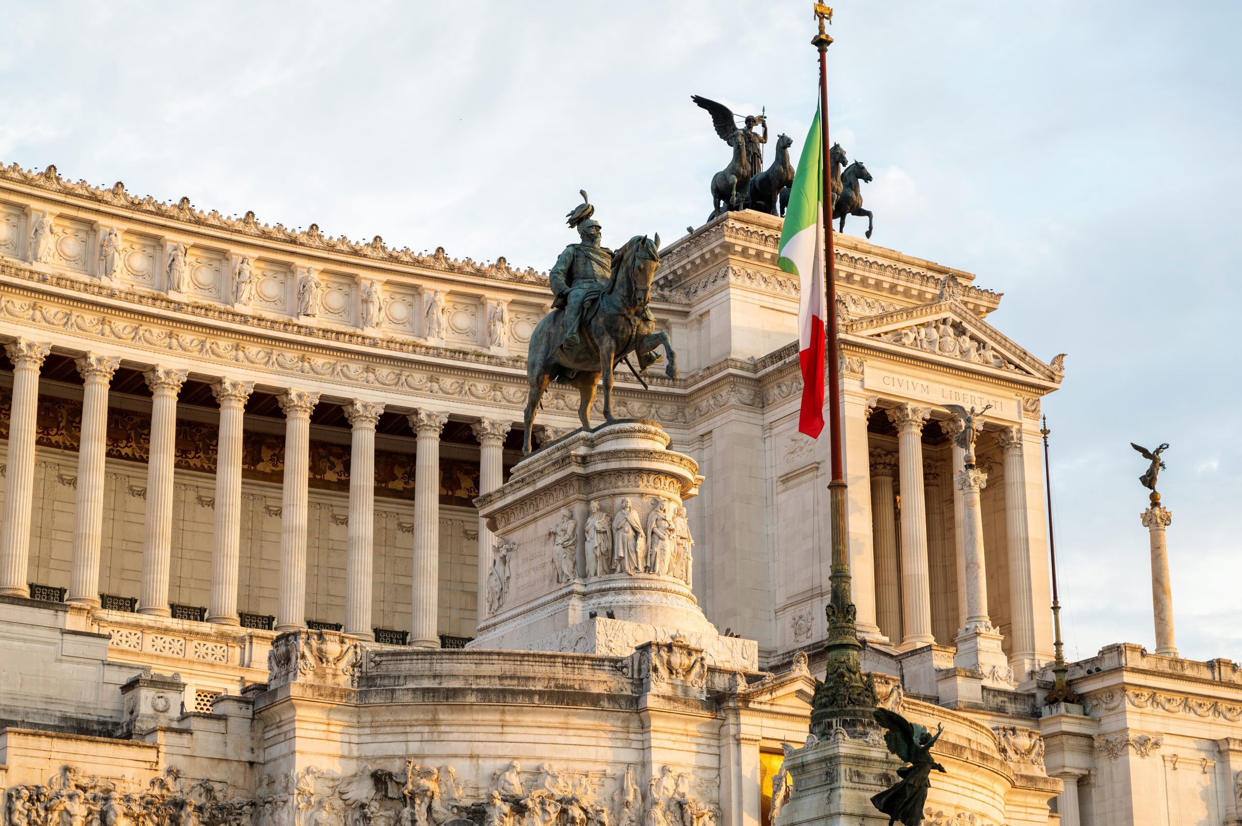 Victor Emmanuel II Monument located in the ancient center of Rome at sunset, Italy