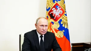 Russia’s President Vladimir Putin delivers his address in Moscow