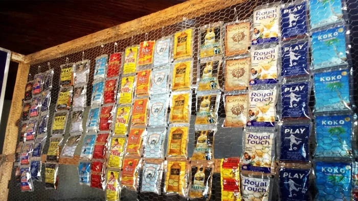Sachets of alcoholic drinks on display at Aswani market