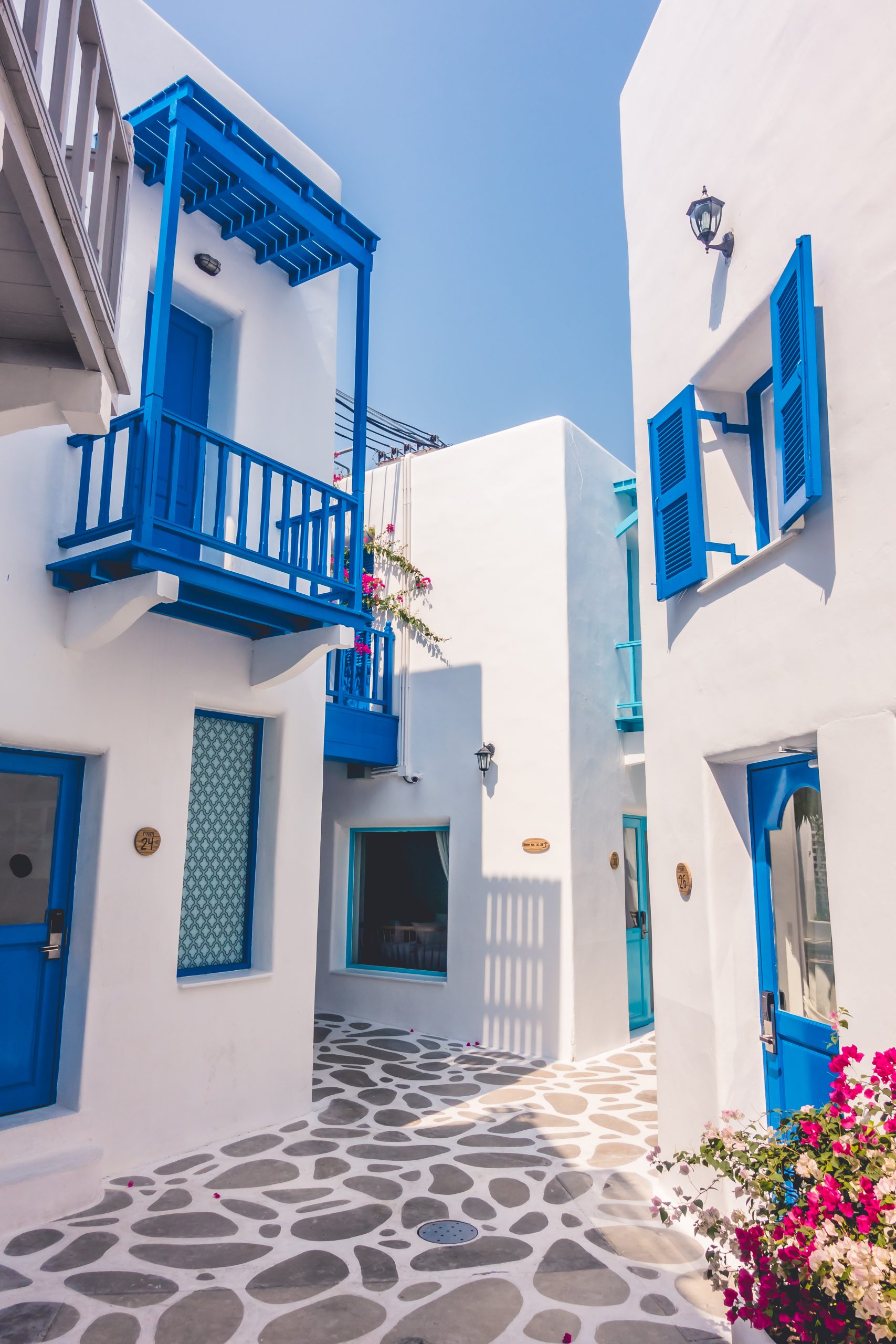 Beautiful Architecture building Exterior with santorini and greece style - Vintage light filter