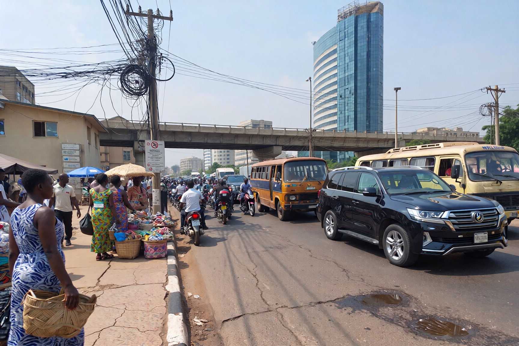 A Nigerian street depicting old cars and a brand new car