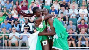 Tobi Amusan and Ese Brume celebrate their victory at Oregon 2022 World Athletics Championships in the United States