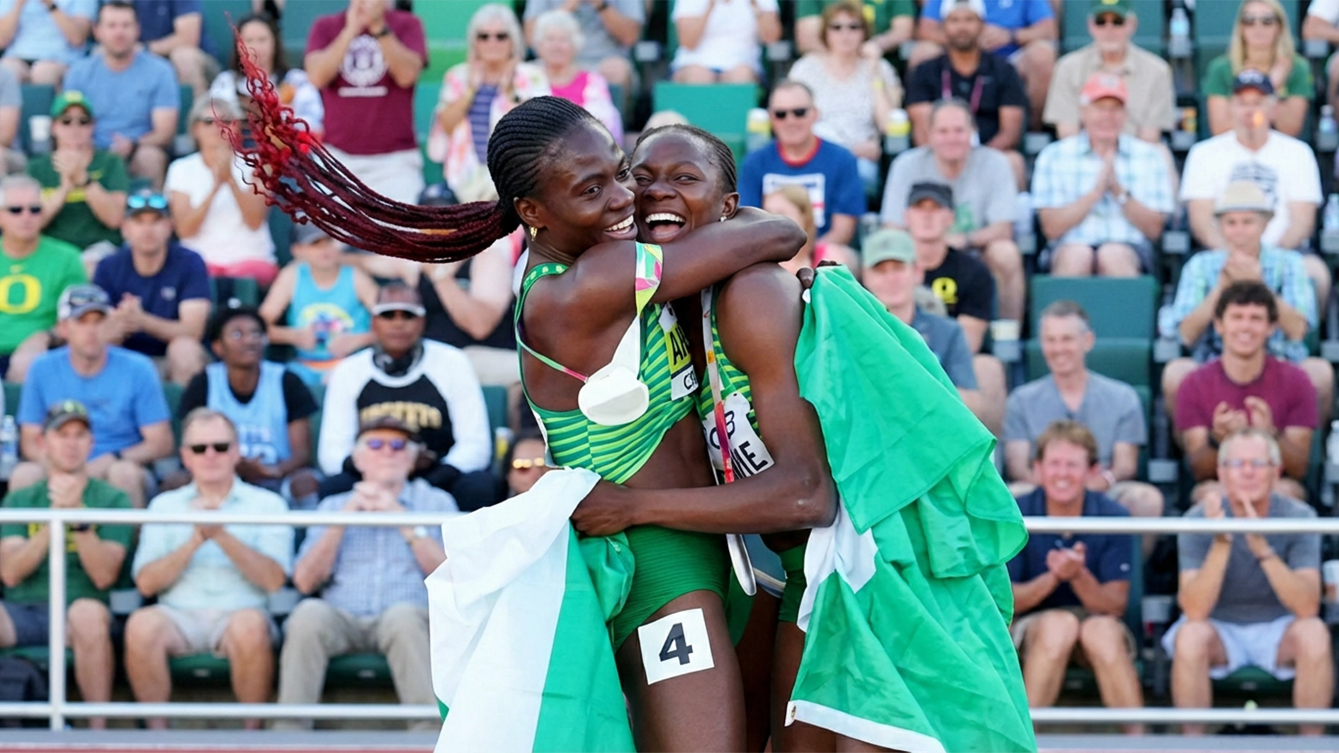 Tobi Amusan and Ese Brume celebrate their victory at Oregon 2022 World Athletics Championships in the United States
