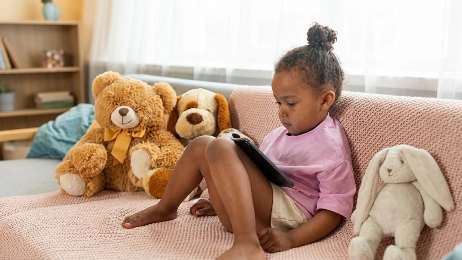 Toddler using smartphone indoors.