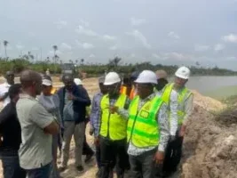 Minister of Works, Sen. Dave Umahi (right) during inspection of the Lagos-Calabar Coastal Highway on Saturday