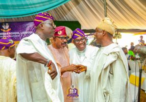 L-R The National President,  Ijebu-Ode Grammar School Old Boys Association, Otunba Ayokunle Bolujoko, the Chairman of the School 2026 reunion, Senator Olorunimbe Mamora, Ogun State Head of Service, Mr Kehinde Onasanya and the MoR representing  Ijebu-Ode, Ijebu North East/ Odogbolu Federal Constituency, Barrister Femi Ogunbanwo at the 113th Founder's Day Celebration of Ijebu-Ode Grammar School held at the School Playground on Saturday, 24th January, 2026