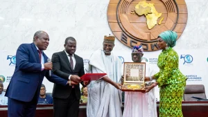 Angolan Ambassador to Nigeria, Jose Bamoquina Zau (left); representative of the Angolan President, Dr Dionissio Manuel Da Fonseca; son of the late Murtala Muhammed; Risqua Muhammed, Chairman, Board of Trustees of the Murtala Muhammed Foundation/former President Olusegun Obasanjo and Chief Executive Officer, Murtala Muhammed Foundation, Aisha Muhammed-Oyebode, during the 50 years International Lecture and Leadership Conference of the late Head of State, at the ECOWAS Secretariat in Asokoro, Abuja, yesterday.                     PHOTO: LUCY LADIDI ATEKO