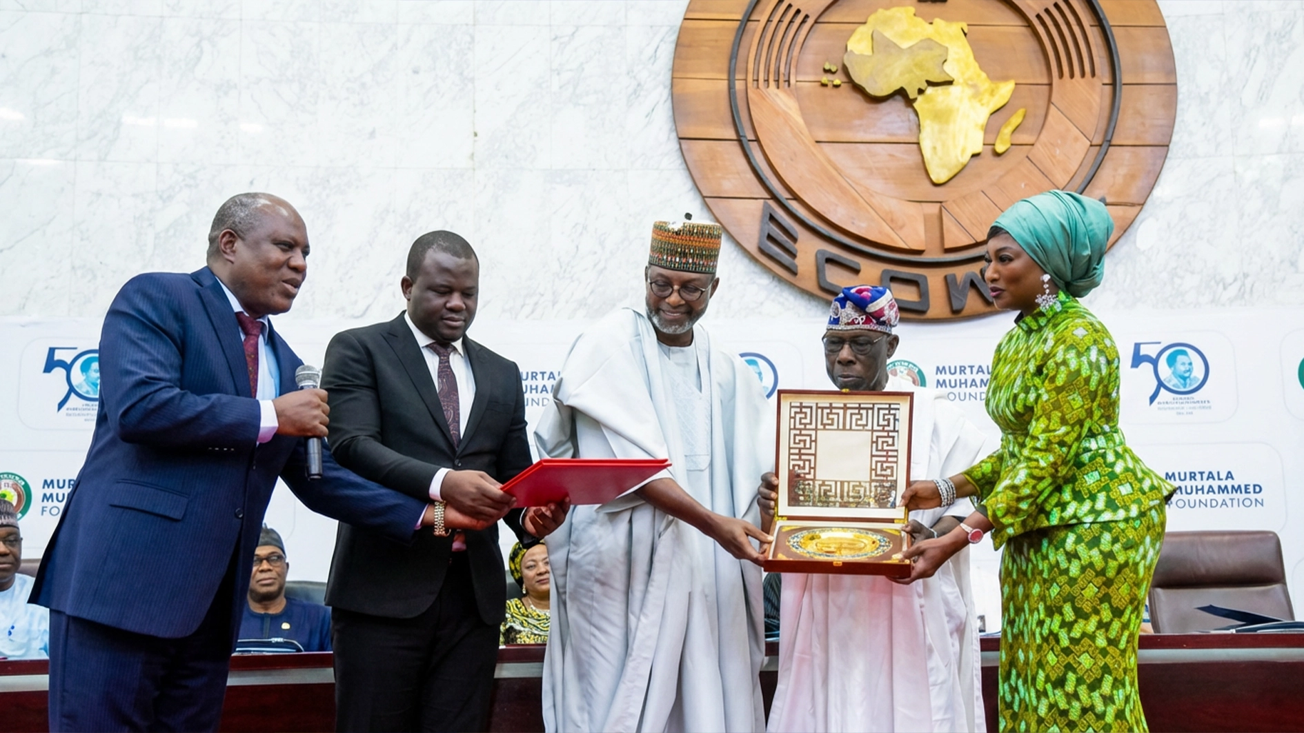 Angolan Ambassador to Nigeria, Jose Bamoquina Zau (left); representative of the Angolan President, Dr Dionissio Manuel Da Fonseca; son of the late Murtala Muhammed; Risqua Muhammed, Chairman, Board of Trustees of the Murtala Muhammed Foundation/former President Olusegun Obasanjo and Chief Executive Officer, Murtala Muhammed Foundation, Aisha Muhammed-Oyebode, during the 50 years International Lecture and Leadership Conference of the late Head of State, at the ECOWAS Secretariat in Asokoro, Abuja, yesterday.                     PHOTO: LUCY LADIDI ATEKO
