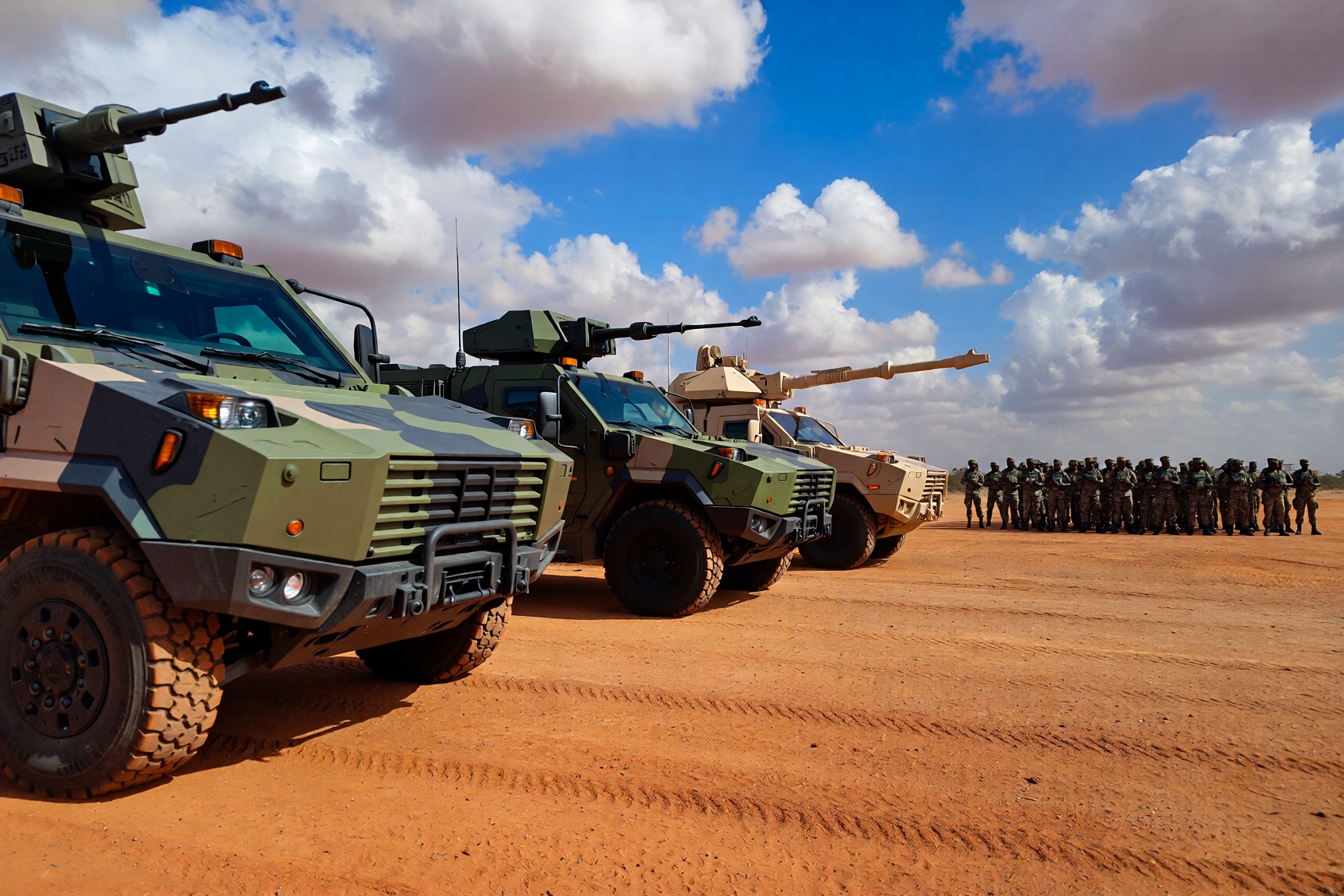 A landscape picture of Africa's military, you can see tropps and two tanks