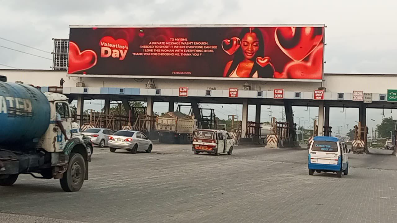A Valentine’s Day billboard in Lagos displays a love message from Femi Dapson to his fiancée, Simisanya.