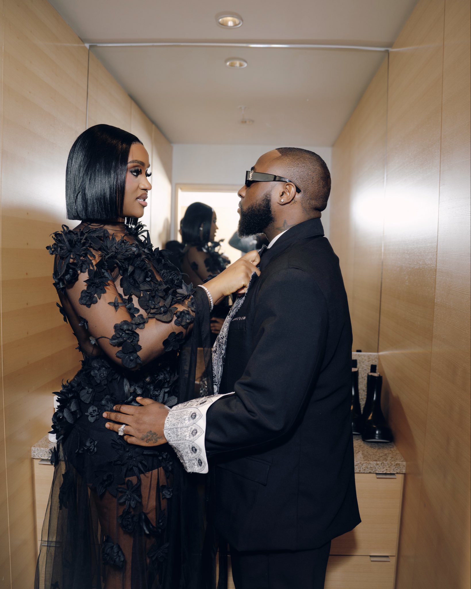 Davido and his wife Chioma sharing a moment backstage at the Grammy Awards ceremony