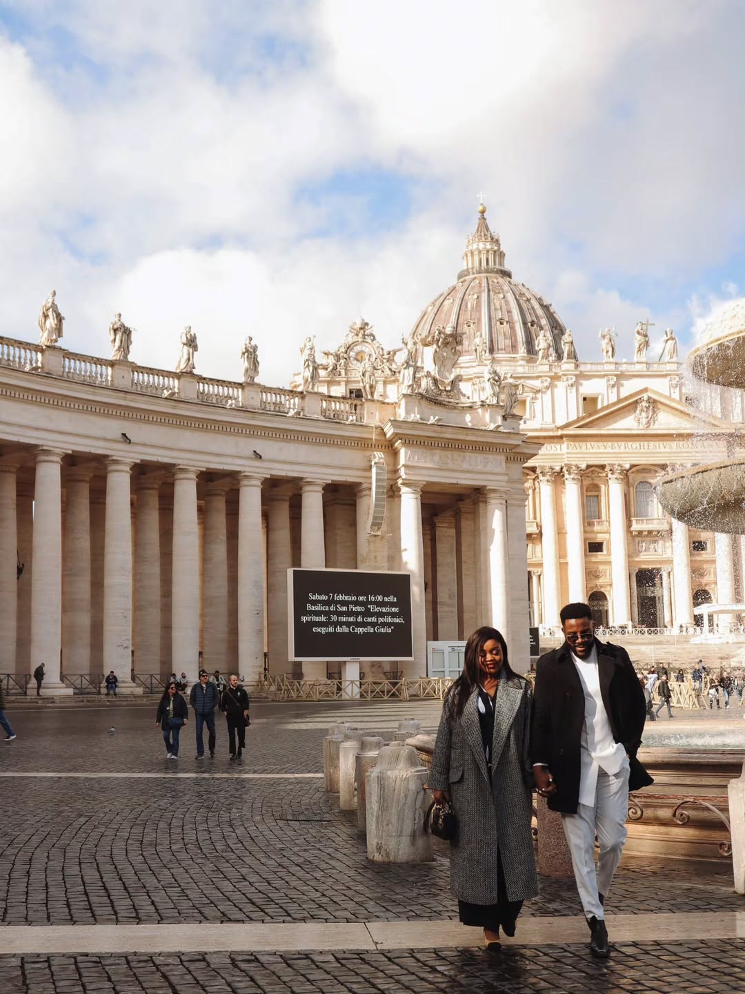 Ebuka Obi-Uchendu and wife Cynthia walking at St Peter’s Square in Vatican City during their 10th wedding anniversary