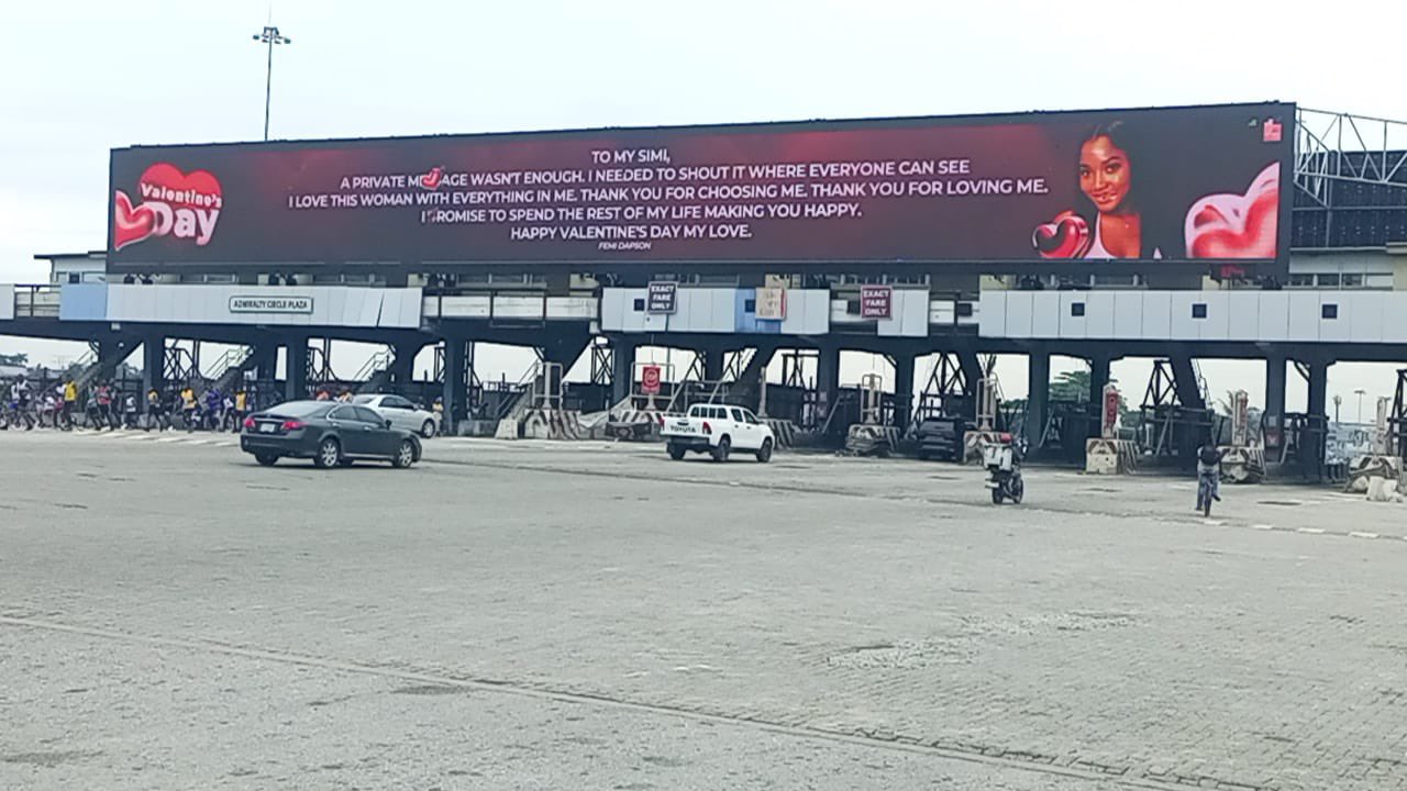 A Valentine’s Day billboard in Lagos displays a love message from Femi Dapson to his fiancée, Simisanya.