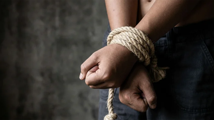 Hands Tied Up With Rope Of A Missing Kidnapped, Abused, Violence