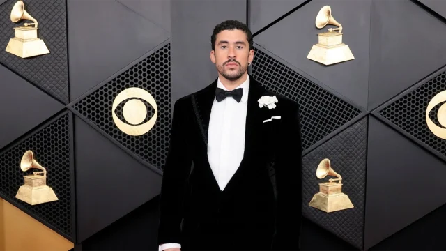 Puerto rican singer Bad Bunny at the 68th Annual Grammy Awards (Photo by Etienne Laurent / AFP)