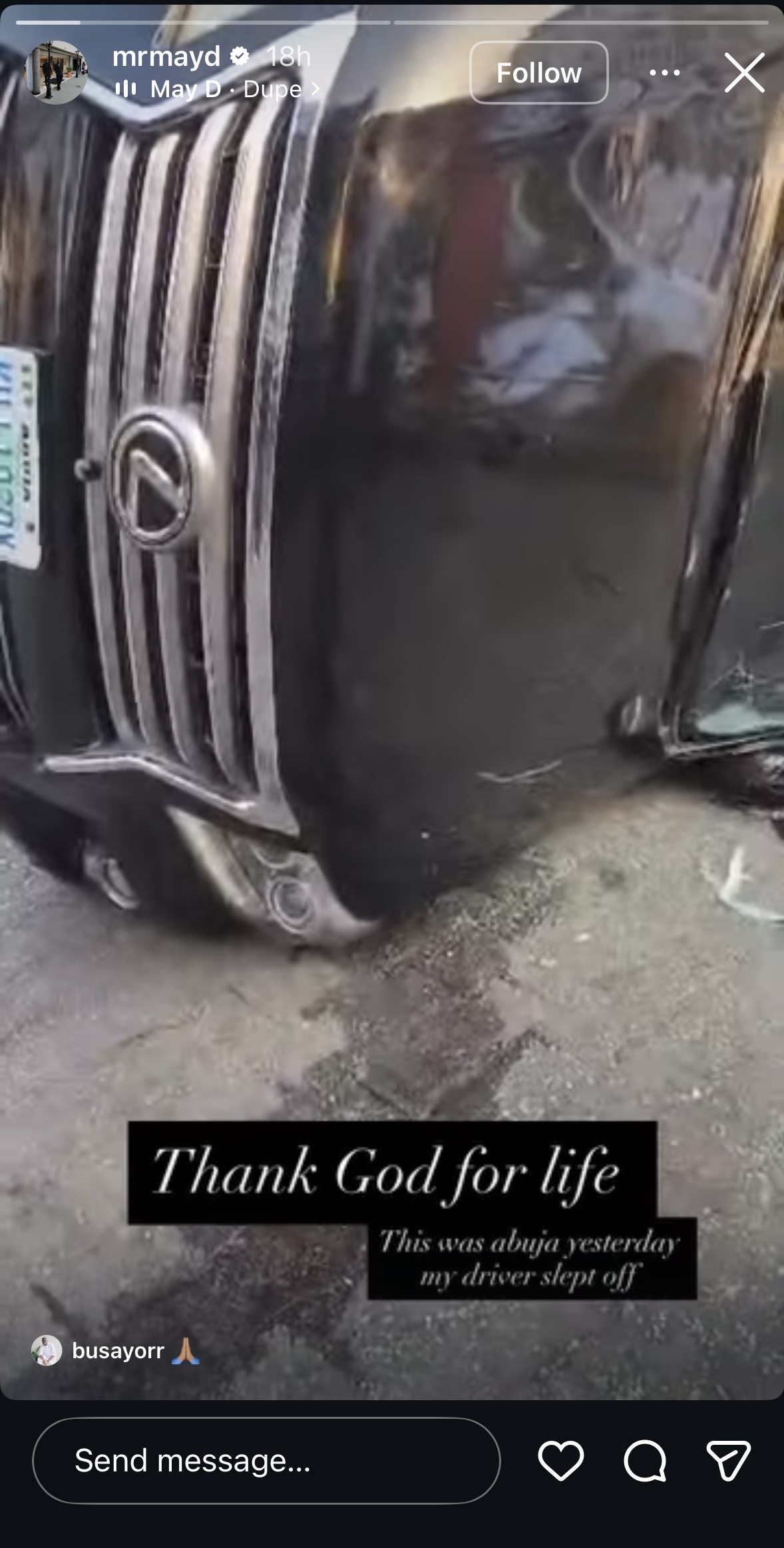 May D survives Abuja crash as car tumbles on highway