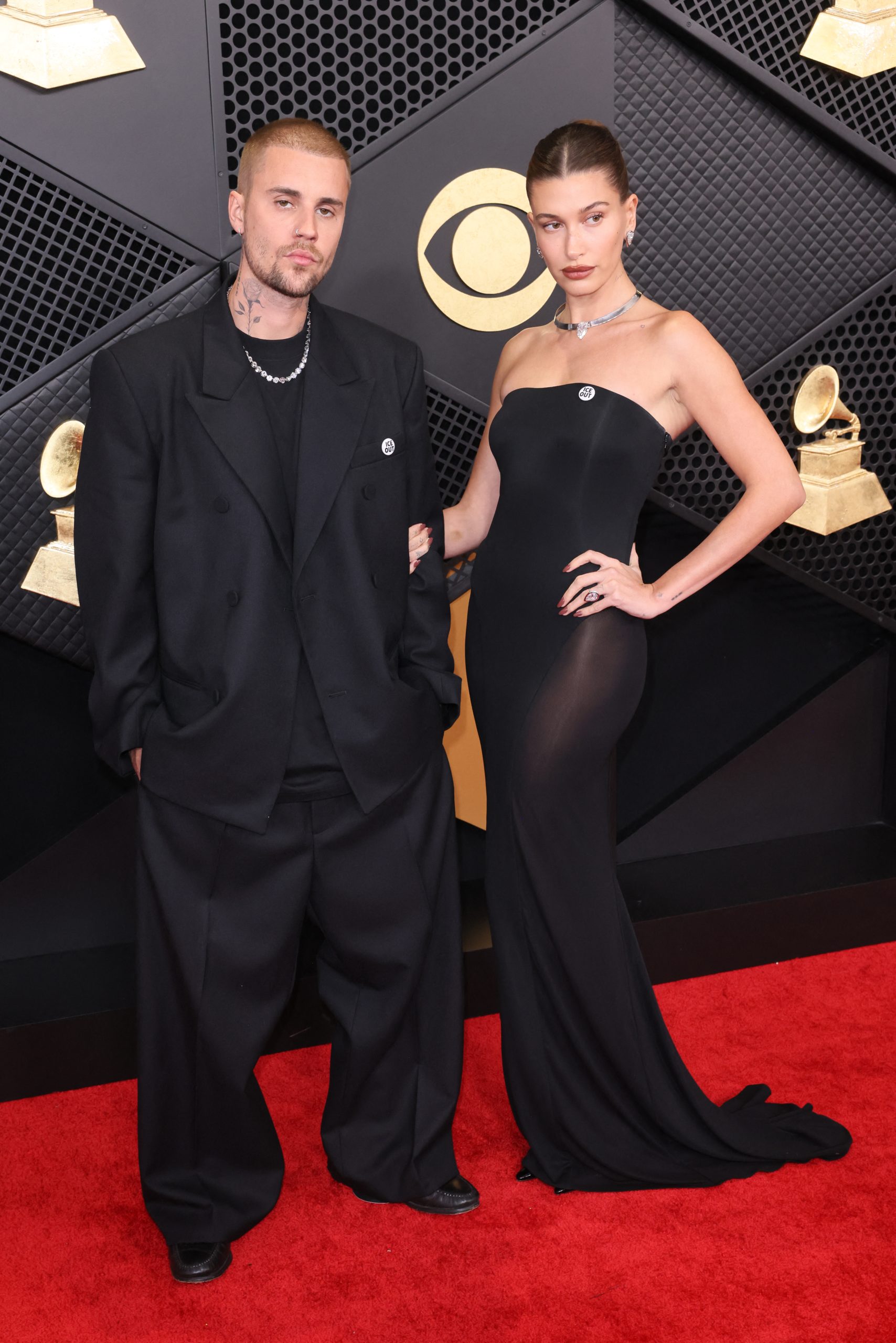 Canadian singer Justin Bieber and US model Hailey Bieber at the 68th Annual Grammy Awards. (Photo by Etienne Laurent / AFP)