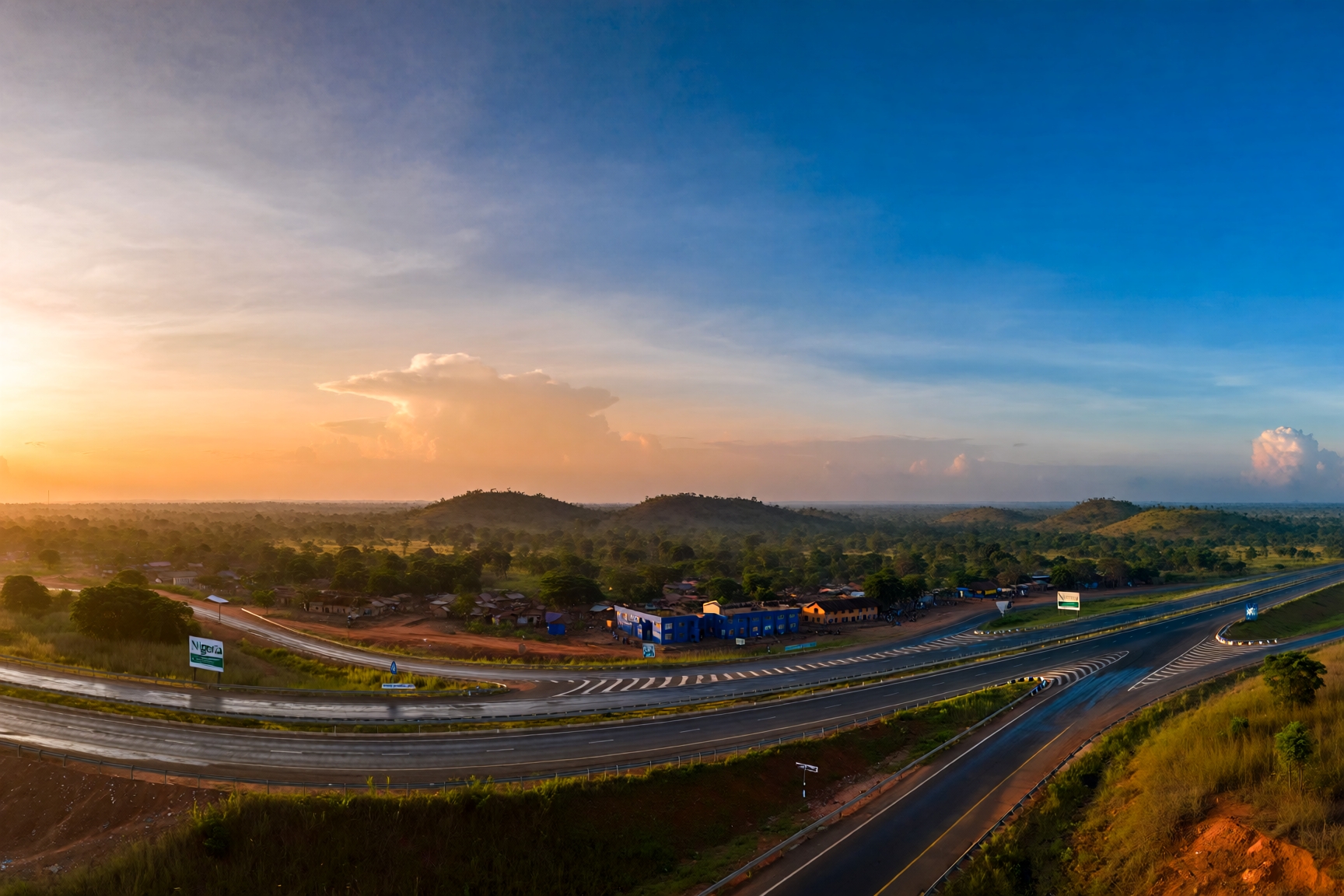Highway interchange in Nigeria with landscape view showing the country’s location on the African continent