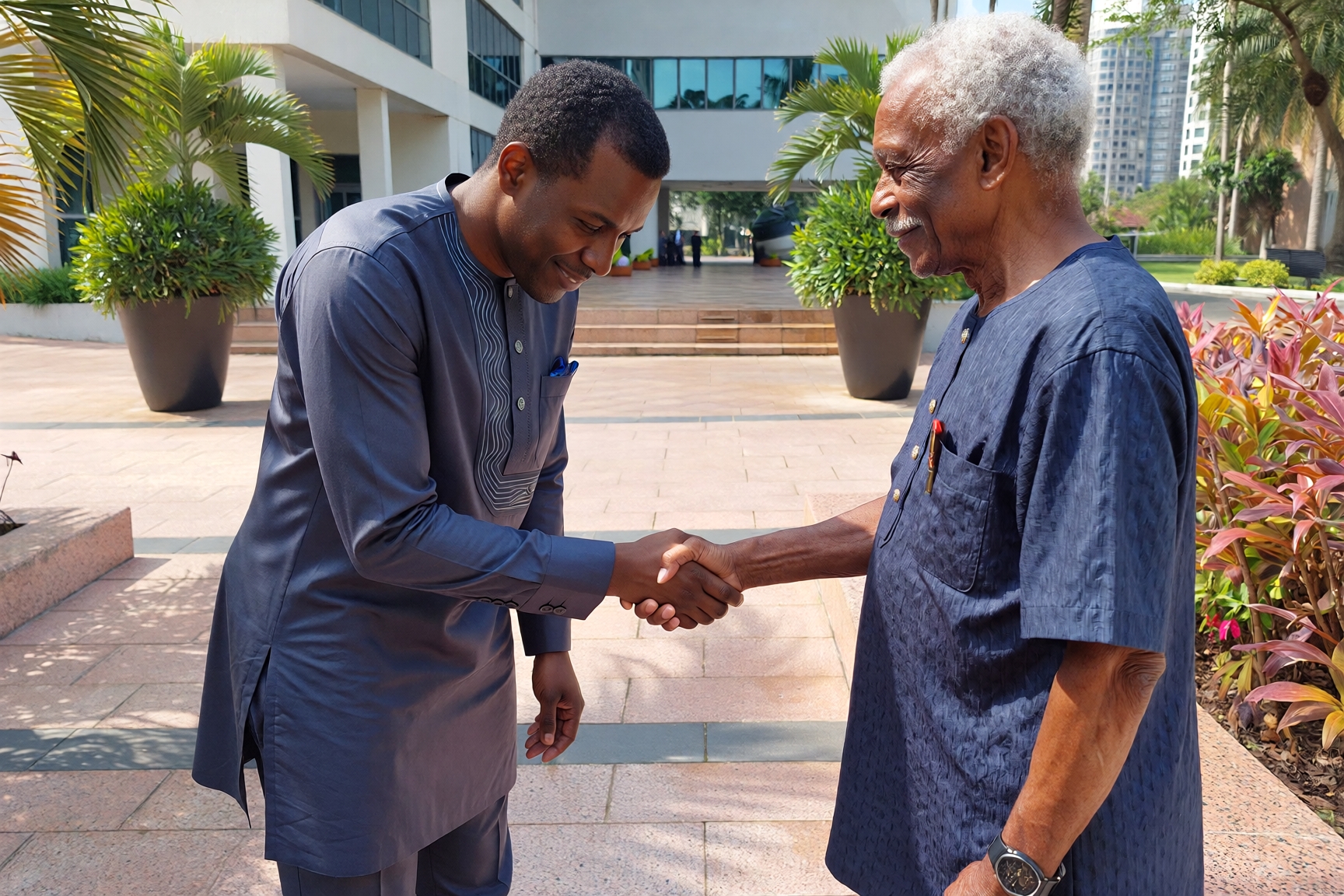 a Nigerian young man showing respect to an elderly Nigerian man