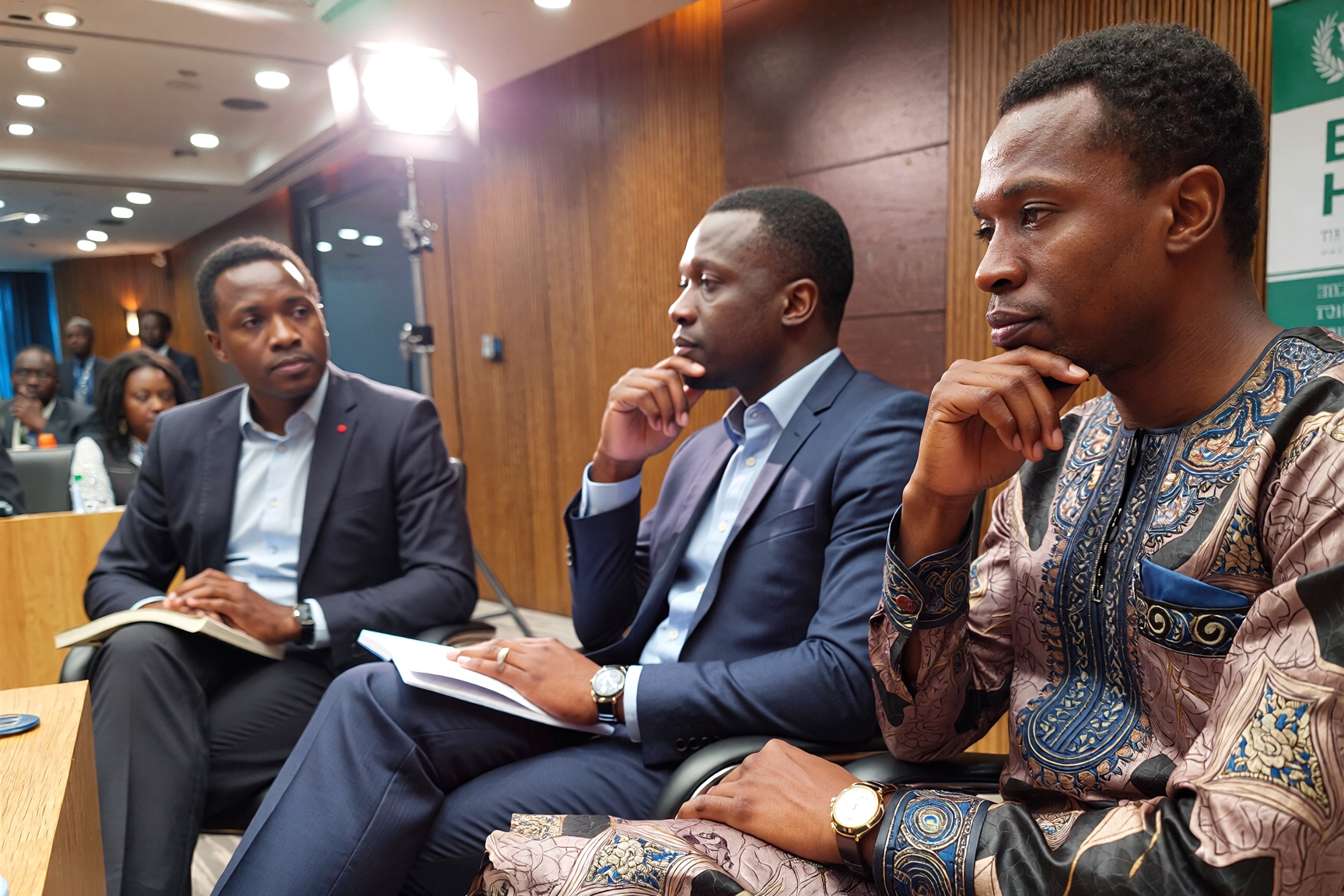 A group of Nigerians, one with traditional clothing, the other two with suit.